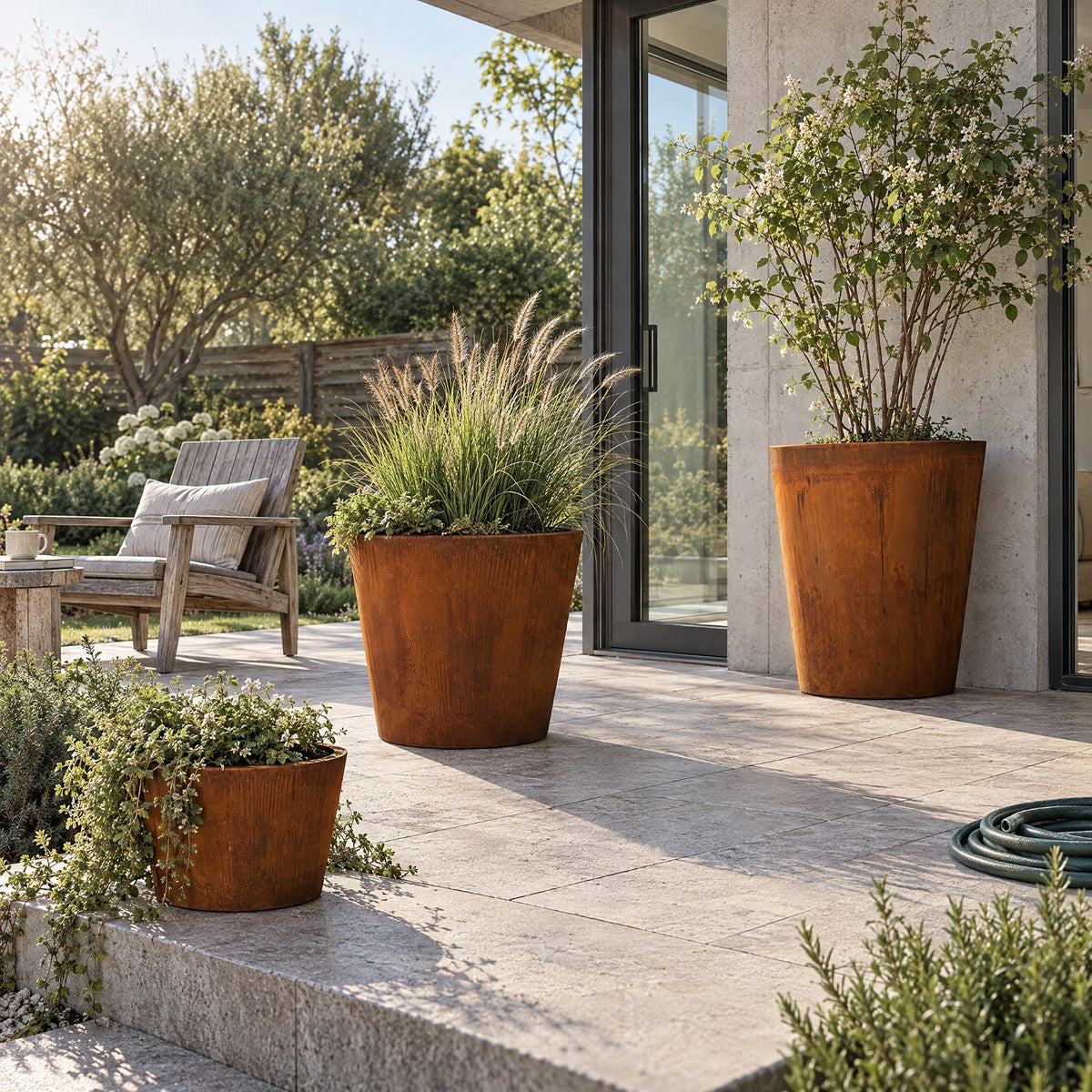 Three Corten steel conical planters in graduating sizes on a stone terrace beside a glass door