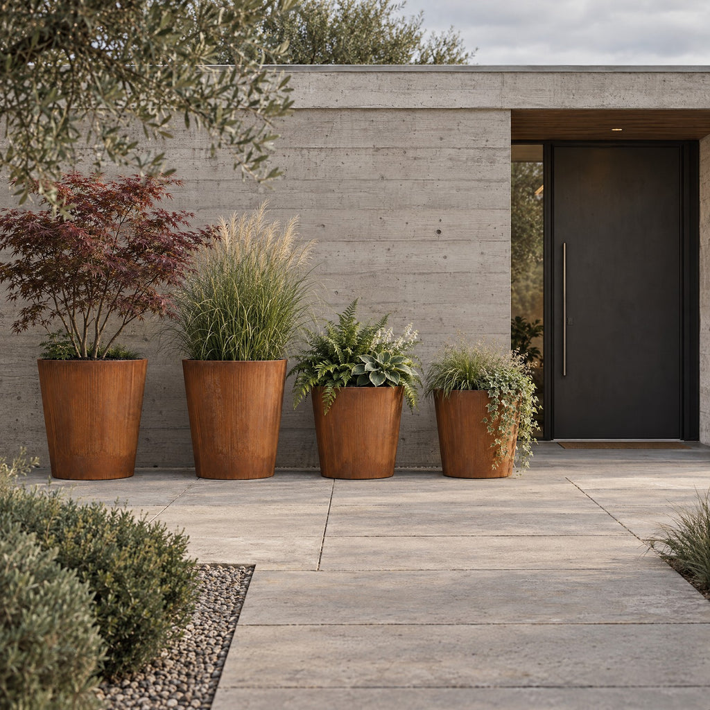 Four Corten steel conical planters in two pairs along a concrete wall beside a dark steel front door