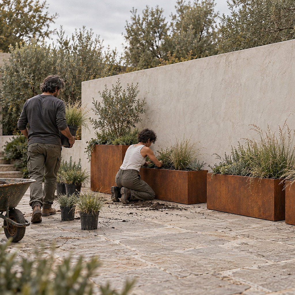 Gardeners planting a group of five rectangular Corten steel planters along a courtyard wall