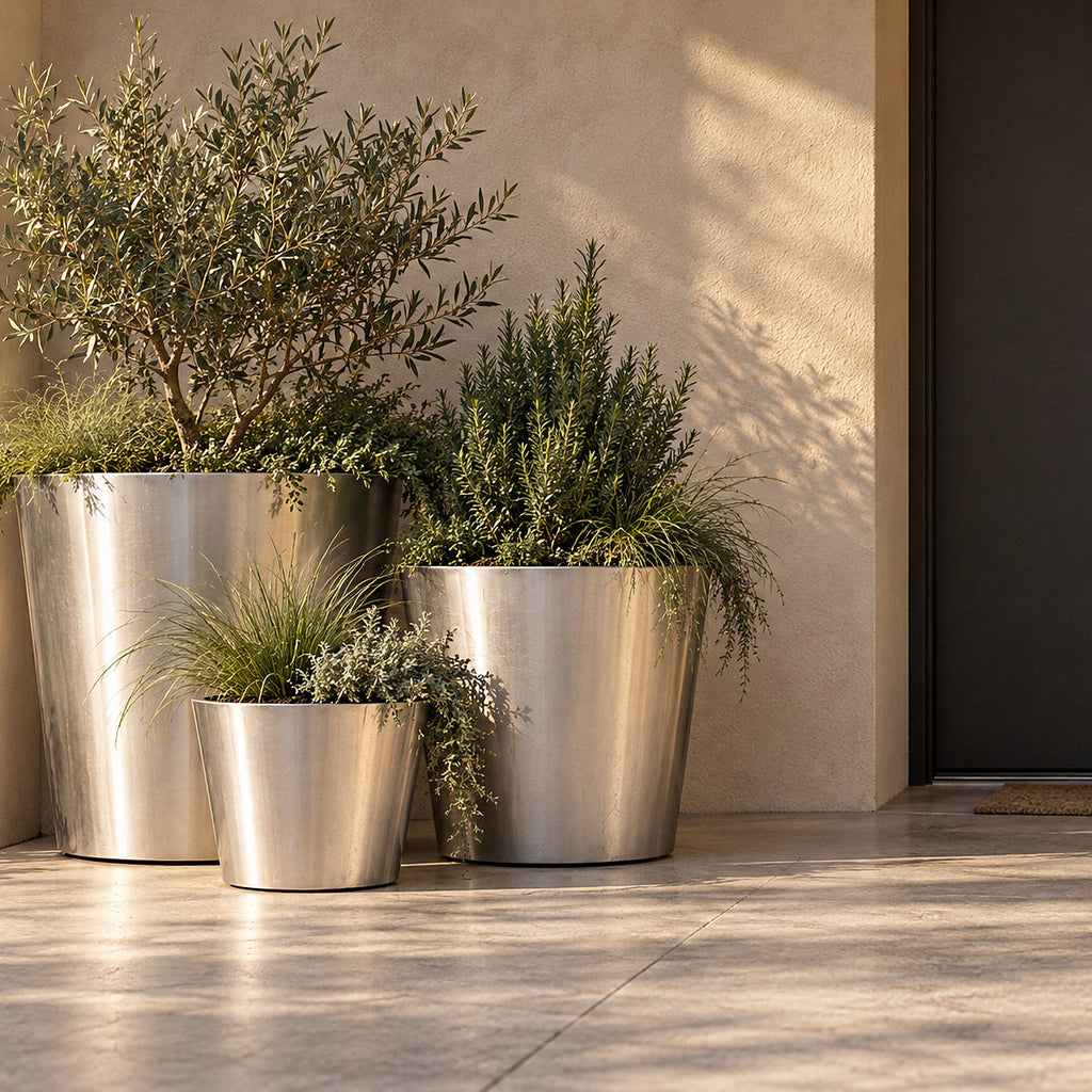 Three brushed stainless steel conical planters with olive and herbs beside a dark front door