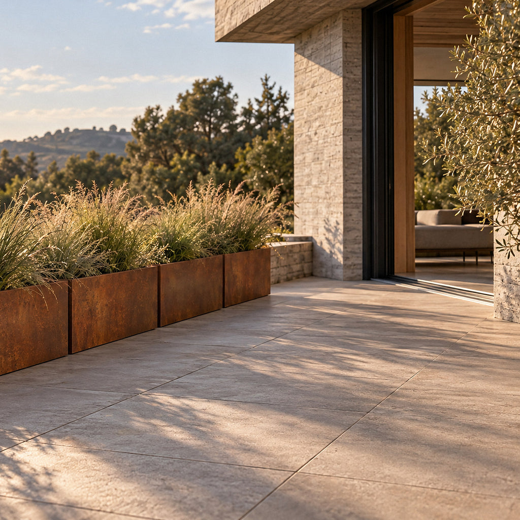 Four long low rectangular Corten steel planters planted with grasses along a terrace in golden afternoon light