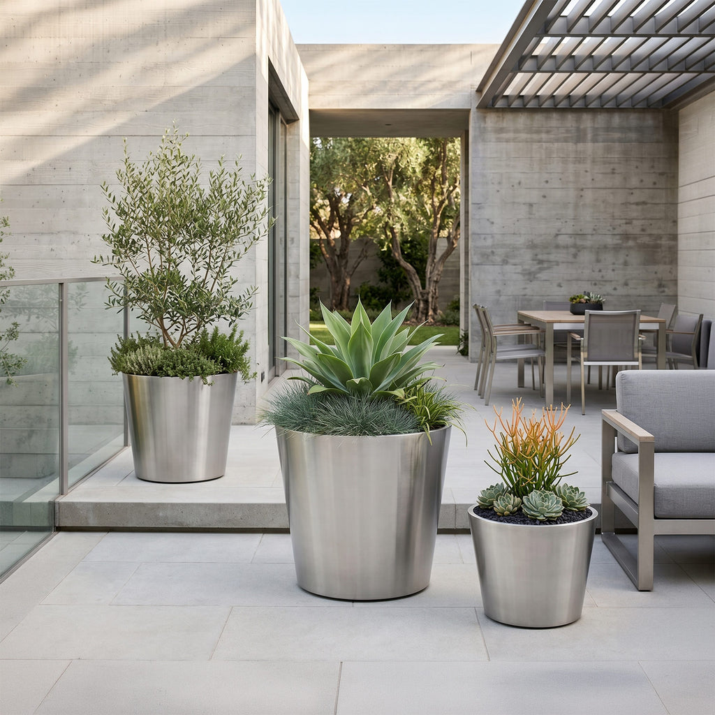 The Stainless Statement · 3 Piece Stainless Steel Planter Set