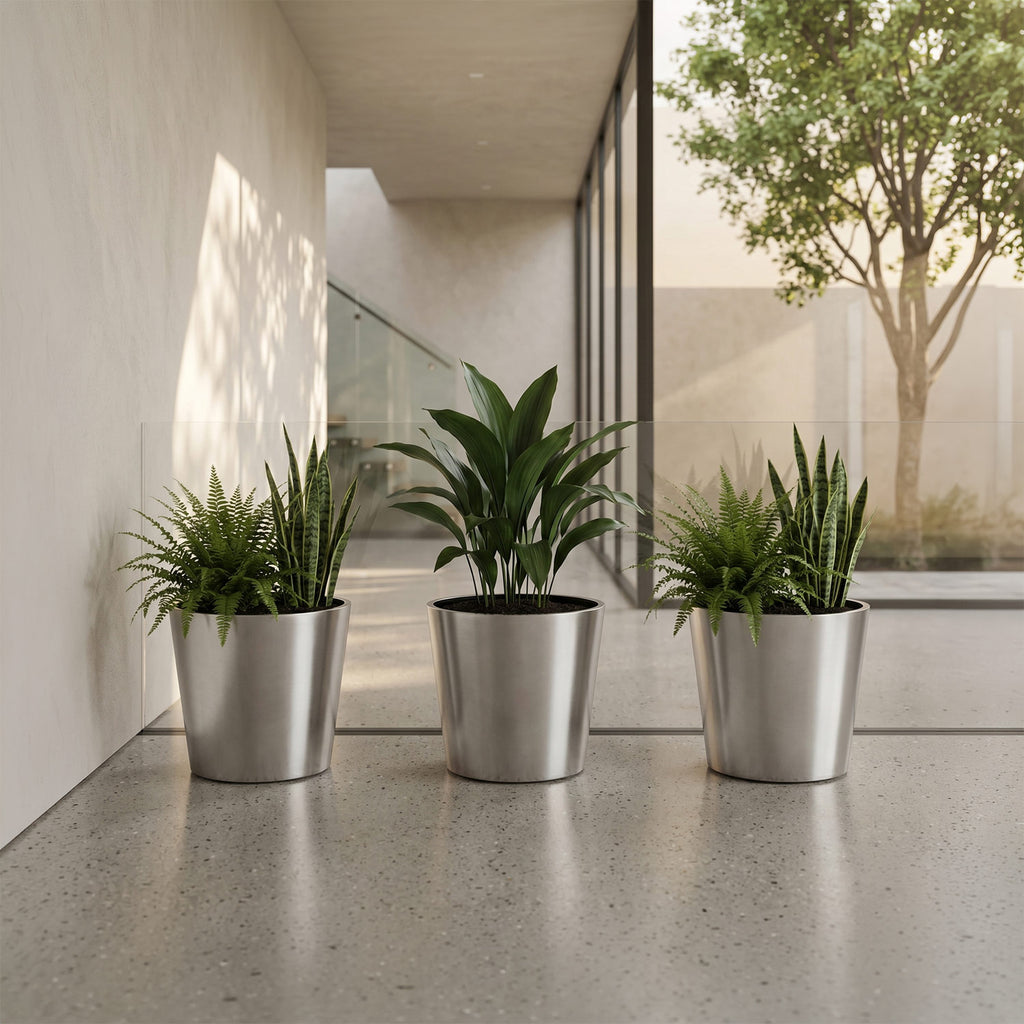 The Stainless Trio · 3 Piece Stainless Steel Planter Set